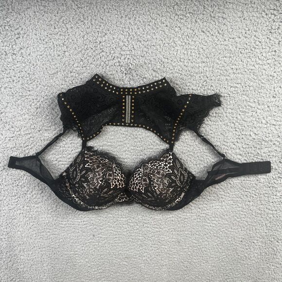 Victorias Secret Bombshell Bra Push Up 36B Black Lace Studded High Neck - Picture 1 of 10